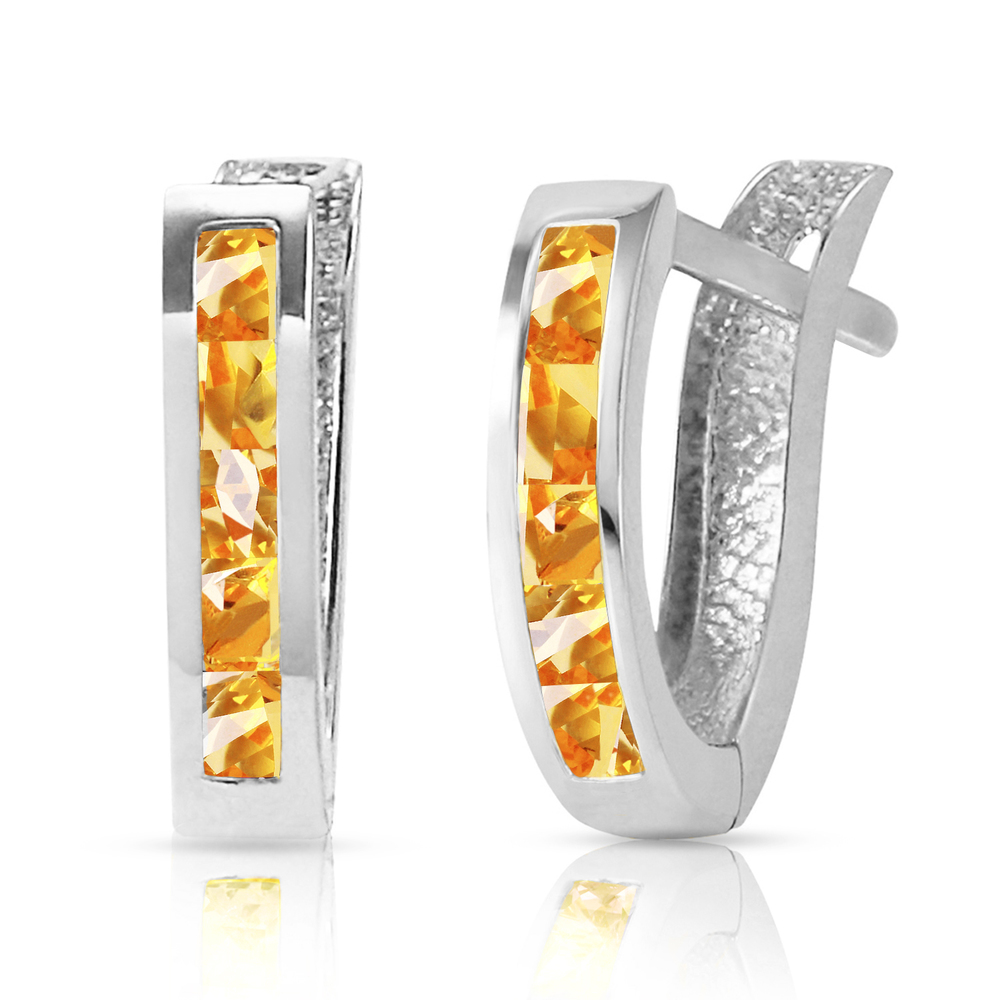 14K. SOLID GOLD OVAL HUGGIE EARRING WITH CITRINES (White Gold) - Picture 3 of 3